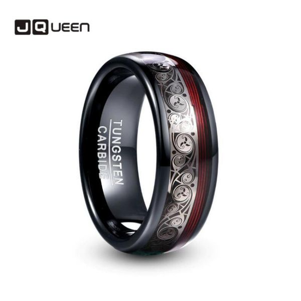 

wedding rings jqueen 8mm wide tungsten steel ring plating black inlay triple spiral pattern+red guitar string carbide t229r, Slivery;golden