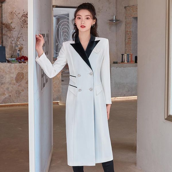 

[ewq] women white office lady patchwork split dress notched long sleeve loose fit fashion tide spring autumn 2021 2f0605 casual dresses, Black;gray