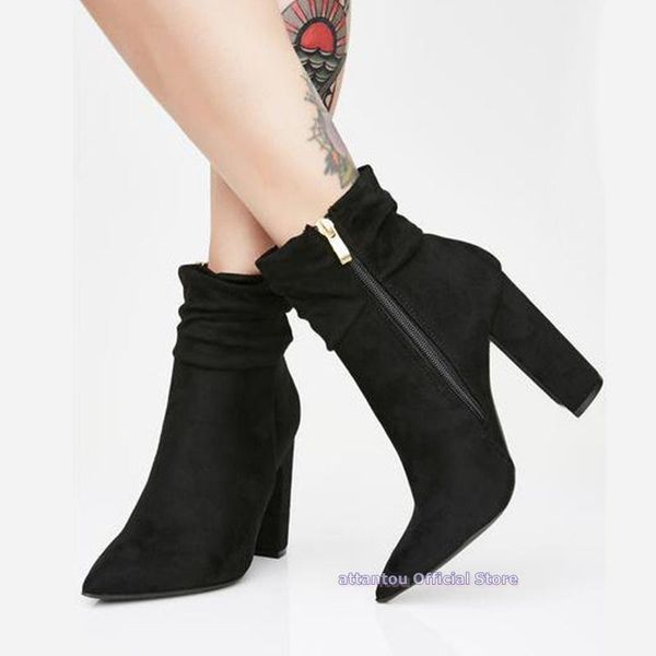 

boots luxury black beige suede leather pointed toe short women block chunky heeled autumn ankle