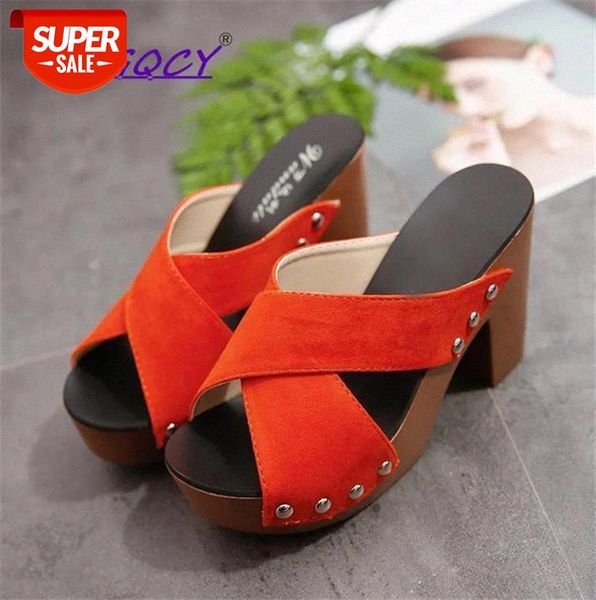 

2019 summer shoes women high heel sandals metal rivets platform beach party square slides outdoor slippers #ez8n, Black