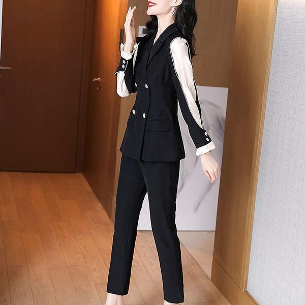 

women's two piece pants women fashion office wear double breasted blazer elastic waist set vintage long sleeve pockets coat solid trous, White