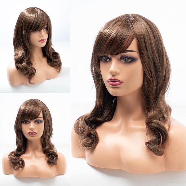 

human ponytails women's long body wavy small curly wig synthetic hair brown cosplay natural middle heat resistant 18 inch, Black