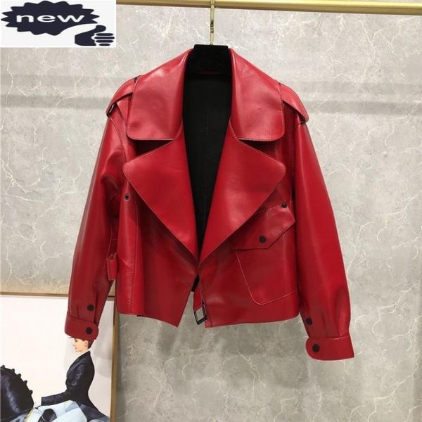 

women's leather & faux women genuine short jackets high street 2021 fashion female pockets loose fit vintage sheepskin motorcycle jacke, Black