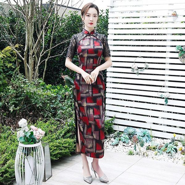 

hollow out slim long cheongsam women exquisite chinese formal party dress elegant print lace sleeve summer novelty qipao ethnic clothin, Red