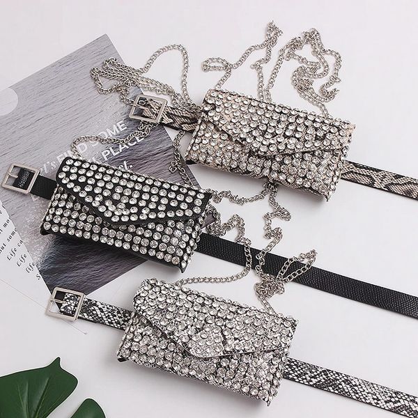 

2021 luxury full rhinestone women phone waist bags detachable pu leather waist belt serpentine chain crossbody shoulder bag pack