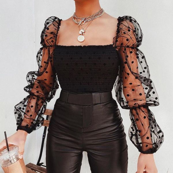 

women square collar blouse 2021 arrival female summer puff ruffle long sleeve shirt white black casual ruched women's t-shirt