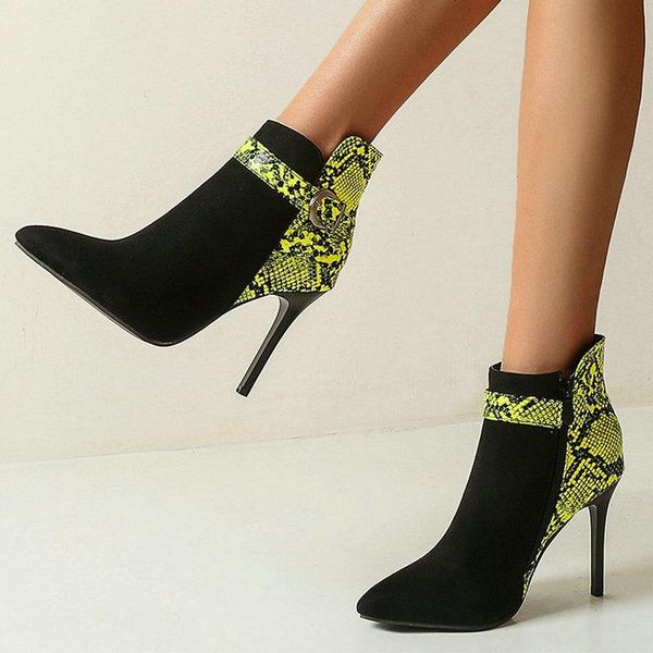 

boots 2021 faux suede women ankle fashion mixed color snake print thin heel pointed toe ladies, Black