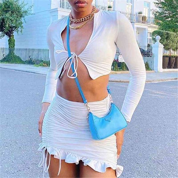 

women's set crop tees skirt 2 pieces sets summer split bodycon lady sets ruffle min skirt clubwear m0258 210330, White