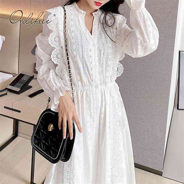 

spring autumn vintage women long white lace dress sleeve crochet tunic single breasted hollow out party 210513, Black;gray