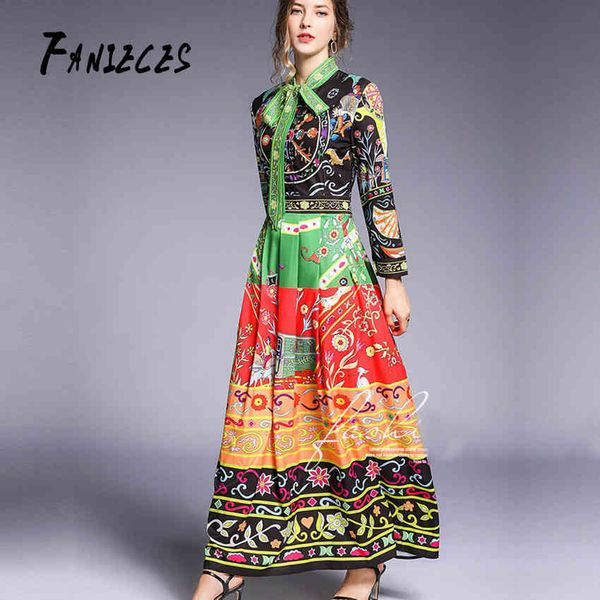 Fanieces de alta qualidade Pista Maxi Vestidos Plus Size Mulheres Longa Manga Plissada Impressão Floral Vestido Vestidos de Festa 210520