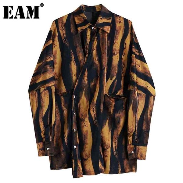 

[eam] women big size brown zebra stripe blouse new lapel long sleeve loose fit shirt fashion tide spring autumn 1dd0358 210410, White