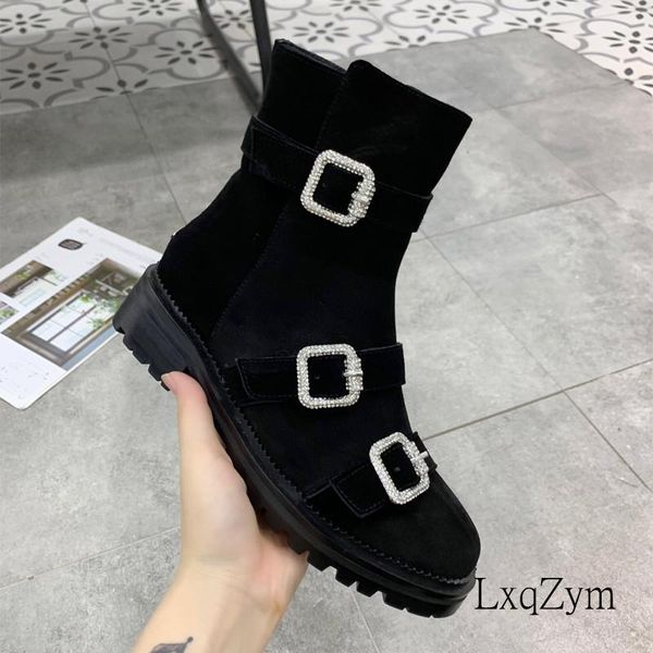 

boots brand women punk booties lady rhinestones buckle straps black ankle female side zipper shoes fashion motorcycle