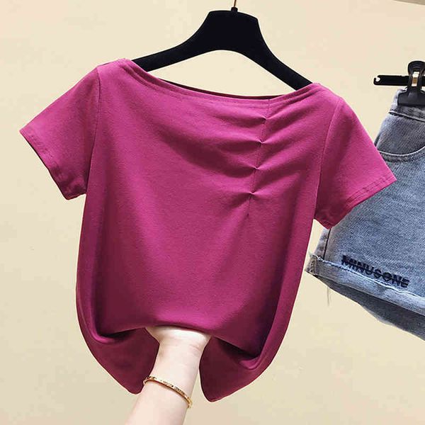 

women's t-shirt skew collar folds cotton t women summer solid tshirt woman korean style womens clothing tee femme jvdg, White