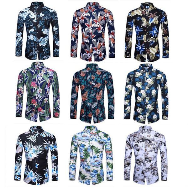 

hawaiian shirt for men blouse fashion social men's long sleeve flower casual turn-down collar plus size shirts, White;black