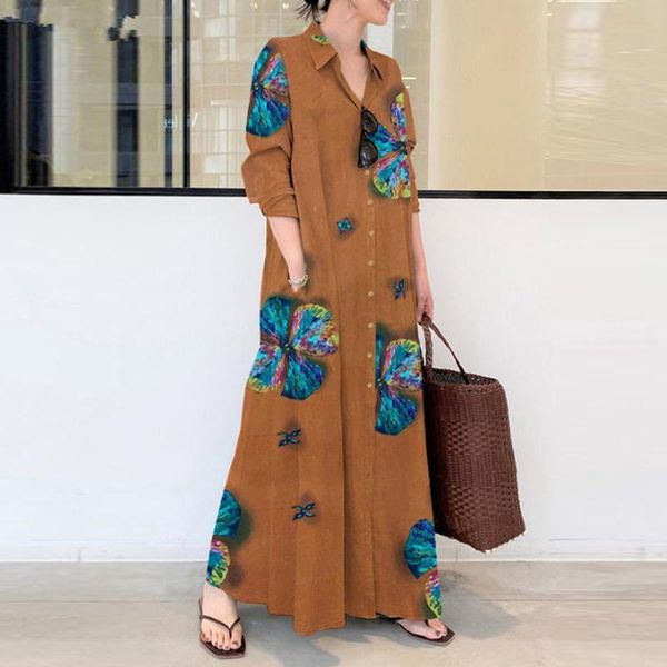 

casual dresses fashion long shirt dress women retro print cotton linen maxi sleeve turn-down collar button loose party, Black;gray