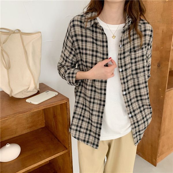 

dress preppy style loose female fresh casual all match plaid gentle women office lady pockets stylish shirts, White