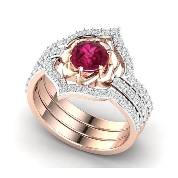 

cluster rings charm rose gold color red zircon stone fine jewelry female fashion crystal flower engagement 3pcs/set, Golden;silver