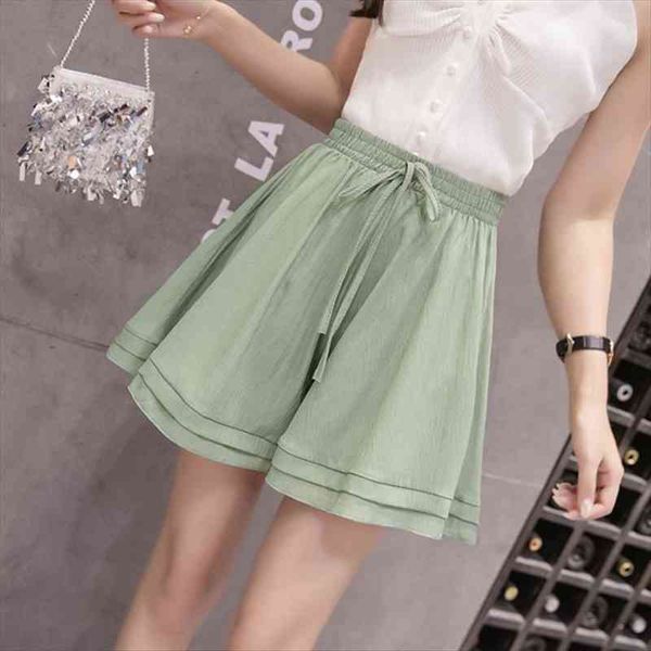 

chiffon skirt summer solid womens shorts color drawstring wide leg loose pleated ruffled, White;black