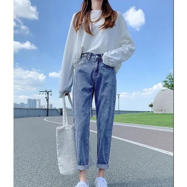 

women's jeans qrwr 2021 fashion spring autumn high waist straight black for women buttons zipper ladies loose, Blue