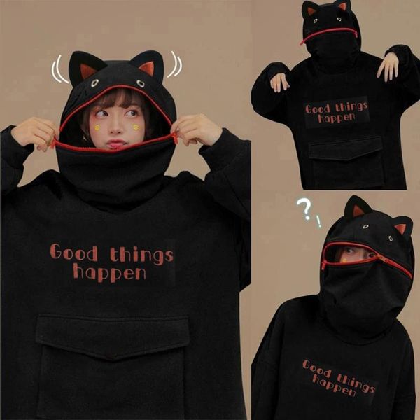 

women's hoodies & sweatshirts frogs hoodie women sweatshirt stitching three-dimensional pocket cute design pullover fashion hoody ladie, Black