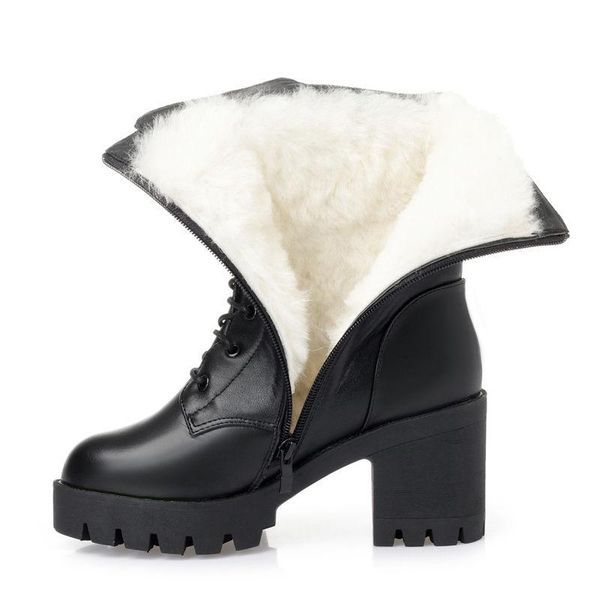 

boots mid-tube women's thick with high-heeled leather plus velvet, Black