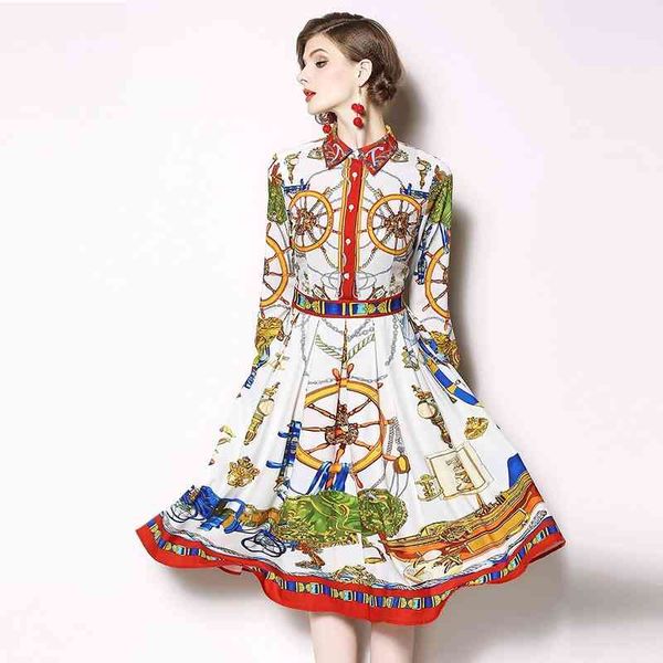 

spring runway women shirt dresses vintage chain wheel pattern printed sleeve turn-down collar a line medium long dress 210416, Black;gray