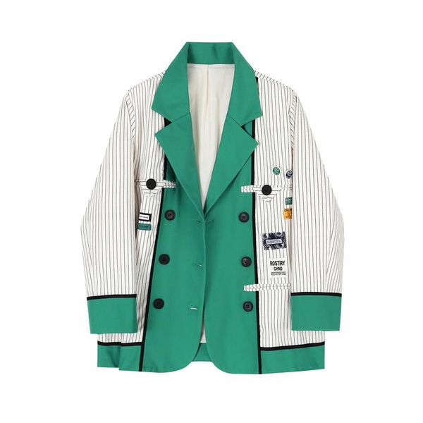

women's suits & blazers blazer coat women suit jacket 2021 casual loose vertical stripes stitching senior design sense niche fake two-p, White;black