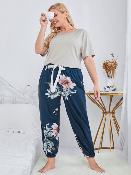 

plus floral print bow pajama set x4hs#, Black;white