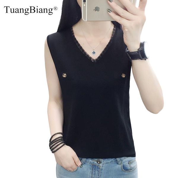 

women's tanks & camis knitted women v-neck black lace vest 2021 summer thin knit sleeveless tank ladies button white camiseta t shirts
