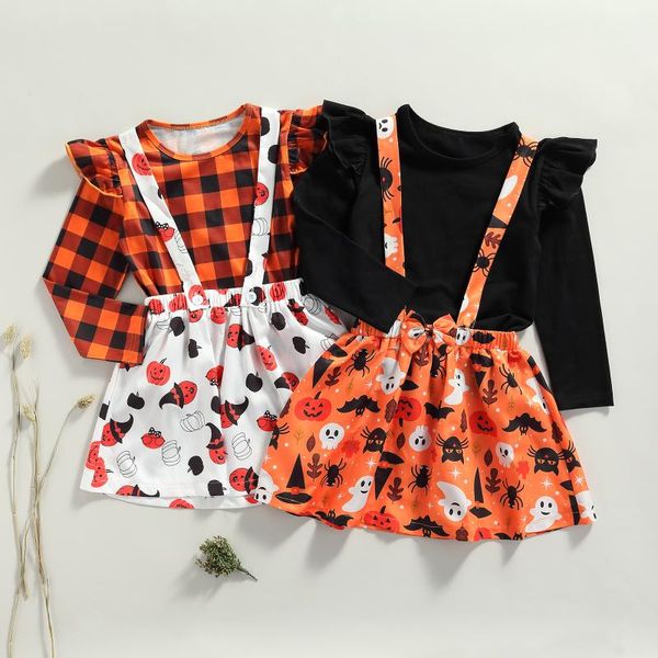 

clothing sets 2021 fall spring kids suit set halloween o-neck ghost print suspender skirt for toddler girls clothes 1-5 years, White