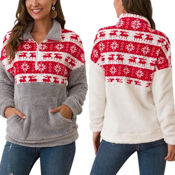 

women's hoodies & sweatshirts *hoody christmas women plush lapel sweatshirt zipper pocket print long sleeve casual warm winter autumn, Black