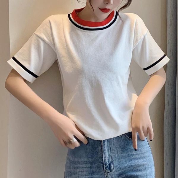 

f# women elegant cute knitted t-shirt summer o-neck short sleeve pullover commuting style t shirt ropa mujer women's 1iua, Black