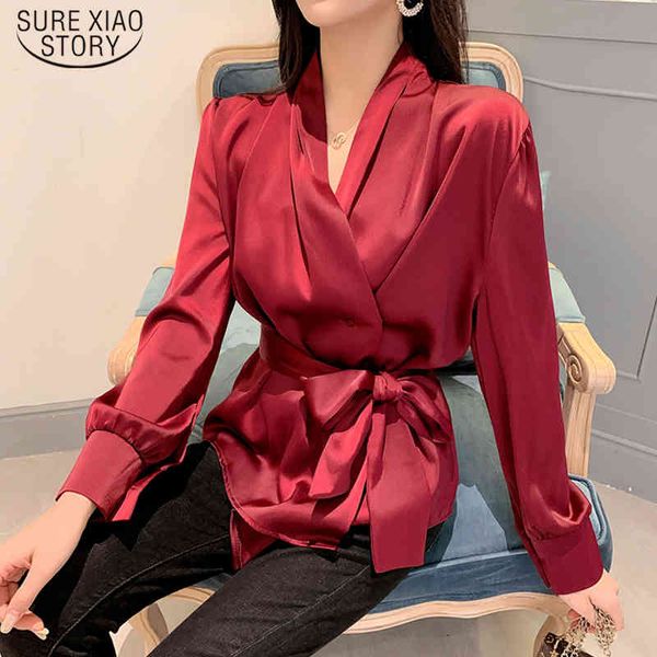 Ofis Lady Kore Kimono Gömlek Sonbahar Bahar Uzun Kollu Bluz Kadın Şifon Moda Bayanlar Tops Giyim Blusas 12466 210415