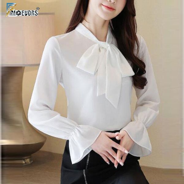 

women's blouses & shirts 2021 basic s women flare sleeve elegant office lady work formal bow tie white button shirt d325
