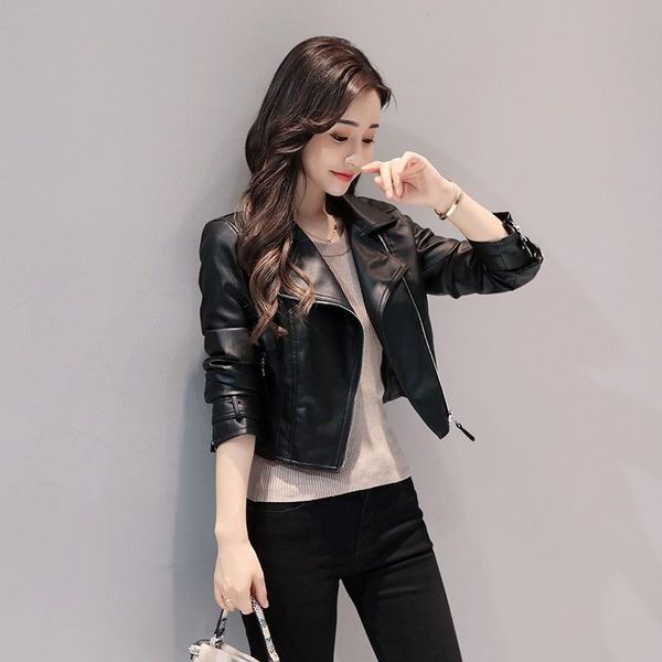 

women's jackets leather short lapel jacket pu motorcycle fashion 2021 spring and autumn en*, Black;brown