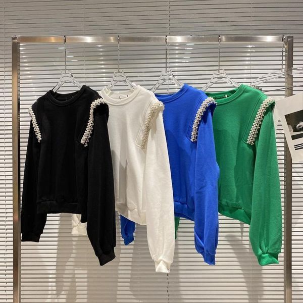 

women's hoodies & sweatshirts shoulder pearl nail bead sweatshirt women 2021 autumn style small fragrance round neck long sleeve pullov, Black