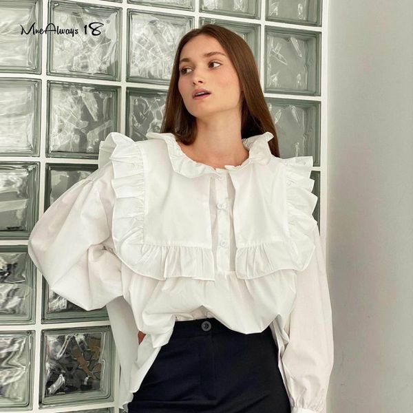 

women's blouses & shirts mnealways18 oversized crew neck ruffle blouse white puff sleeve womens button autumn loose frill office ladie