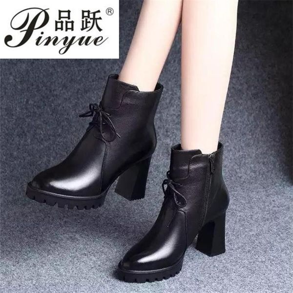 

boots brand shoes woman fashion round toe lace up high heels ladies ankle platform short thick pumps riding, Black
