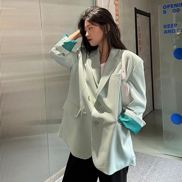 

[ewq] women korea chic fashion temperament casual lapel single-breasted green loose long-sleeved blazer autumn 2021 16e100 women's suit, White;black