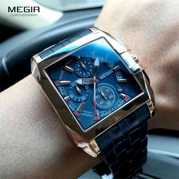 

megir men's stainless steel watches men fashion luxury blue rose gold wristwatch man waterproof luminous military sport watch 210407, Slivery;brown