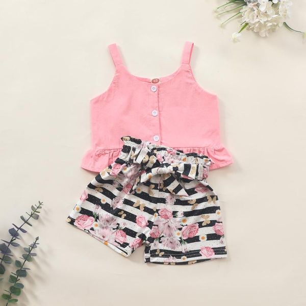 

6m-3t born baby girl clothes solid suspender +floral printed shorts pants +headbands outfits 3pcs summer kids clothing sets, White