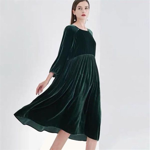 

casual dresses autumn fashion women long dress female high waist ruffle pleated 2021 winter velvet elegant o neck 10 colors, Black;gray