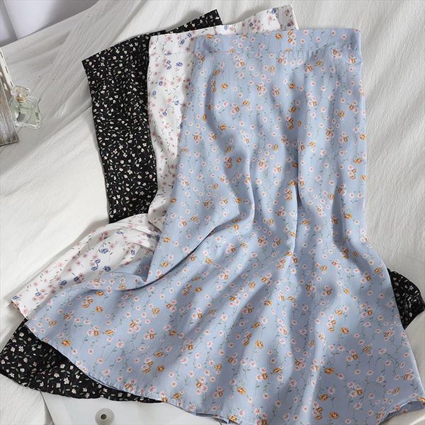 

summer chiffon beach print womens skirt high waist sweet floral for fashion midi long vintage women clothes, Black