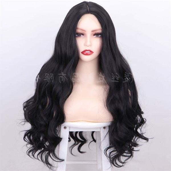 

women's long curly wig black hairline lace chemical fiber headgear middle part
