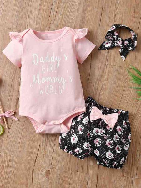 

baby girl slogan graphic bodysuit & bow shorts & headband she, White