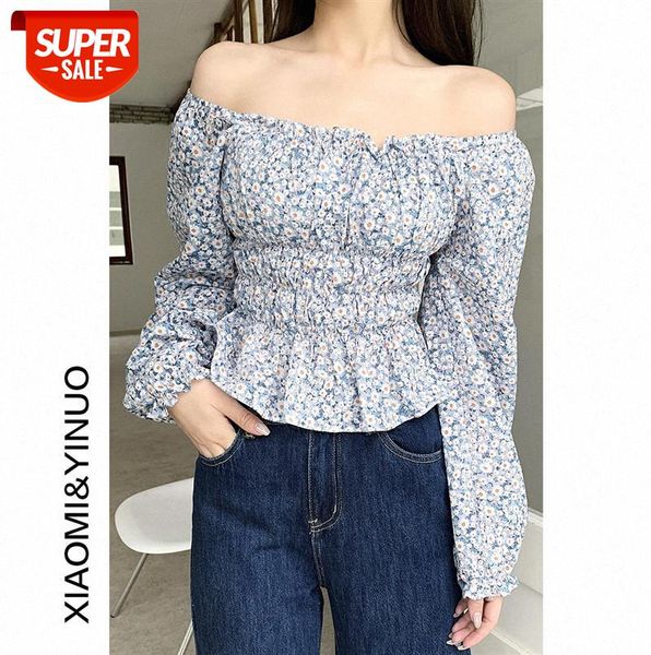 

[ou fan] 7869 design sense off-shoulder short floral blouse fashion shirt women #lf6o, Black;gray