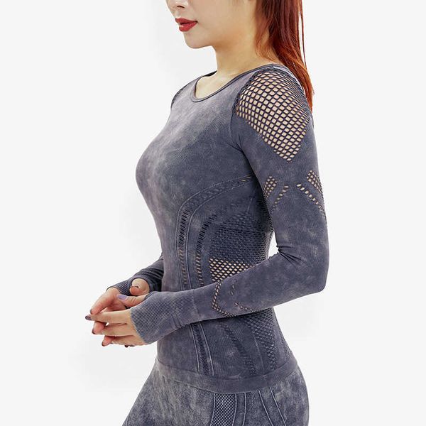 

new seamless washing running sports leisure long sleeve camouflage hollow out tights yoga suit, Gray