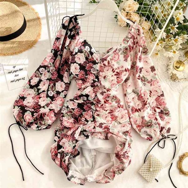 

contrast color floral print puff sleeve dropped ruched mini short dress women bow tie strap lacing up party dresses 210429, White