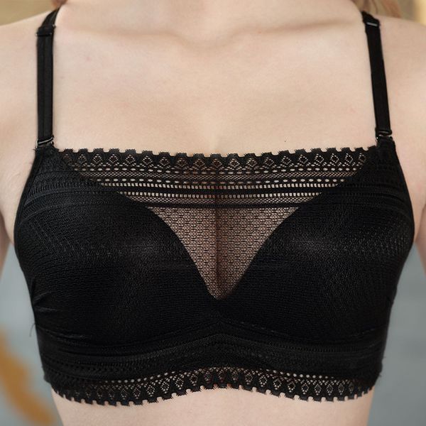 

bras no steel ring lace beautiful back cross belt underwear women's small chest wrap up anti gloss bra, Red;black