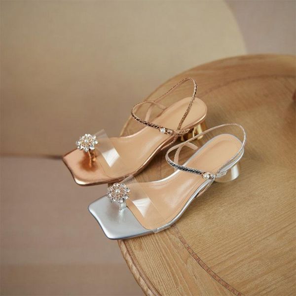 

sandals the summer 2021 chunky heels aashion all-match women's shoes comfortable sequined rhinestone pearl sandal, Black